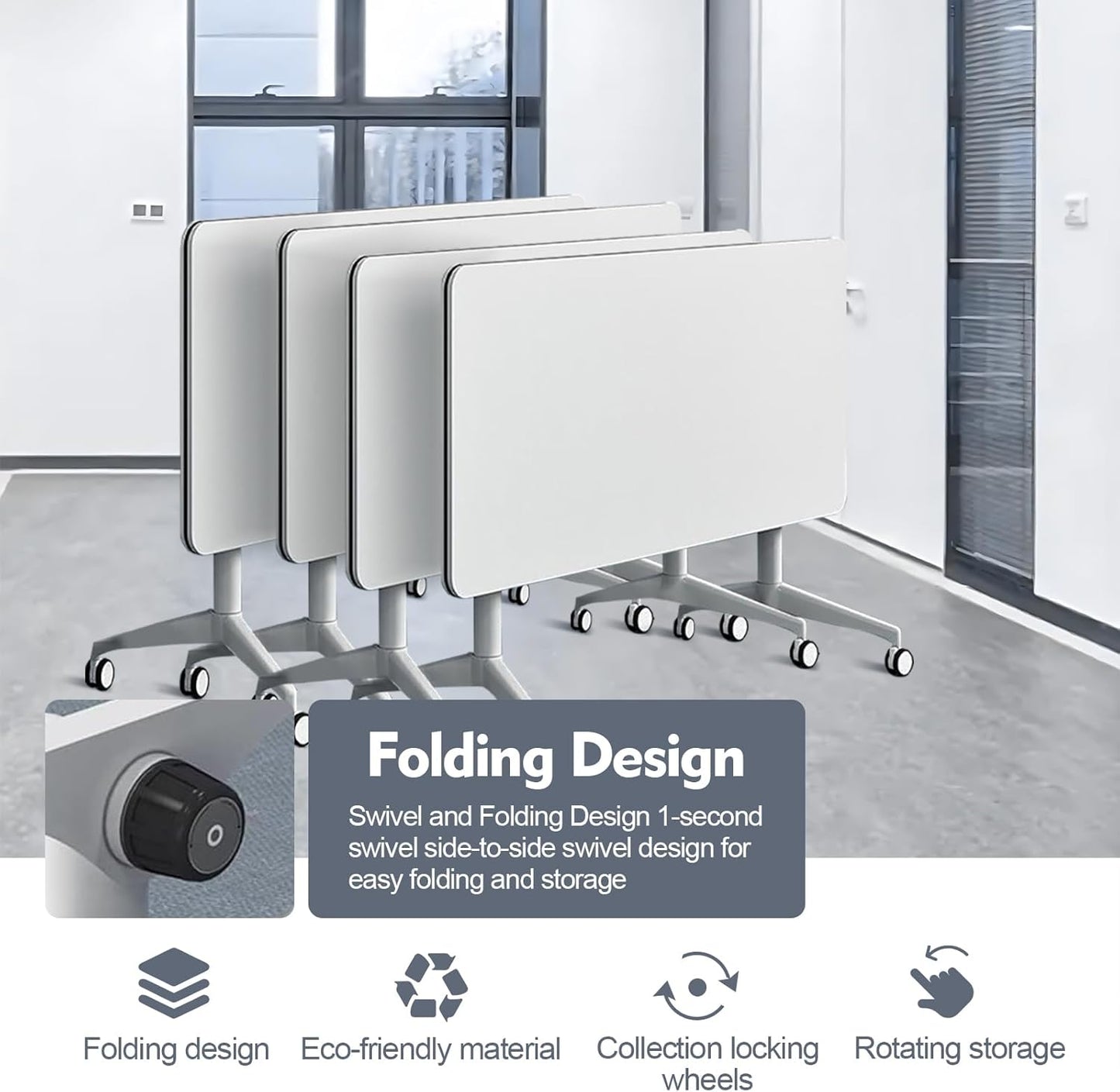 Folding Conference Room Table, Modern Mobile Training Table with Wheels, White Foldable Seminar Meeting Tables for Office Corporations (2pack 47.2in)