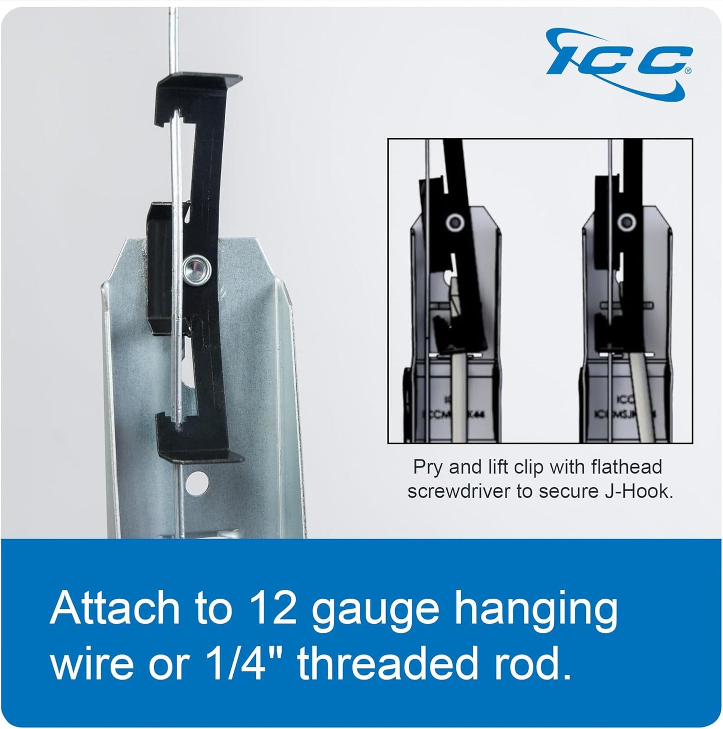 ICC Batwing J Hook 2” with Retainer Clip - Galvanized Steel Cable Management Hooks for Hanging Cable to Hanger Wire and Threaded Rod - Rust-Resistant, EIA and TIA Compliant - 2 Inch 25 Pack