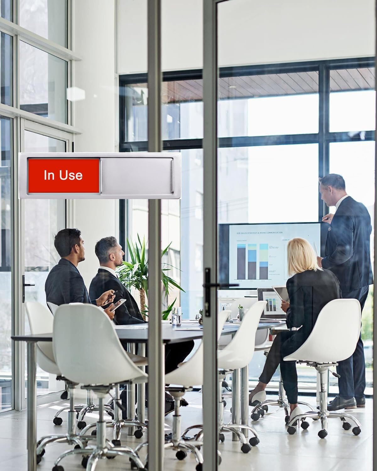 In Use or Available Sign, Magnetic Privacy Occupied Vacant Door indicator for Bathroom/Restroom/Office/Meeting Room, Durable Plastic (Silver), 7'' x 2''