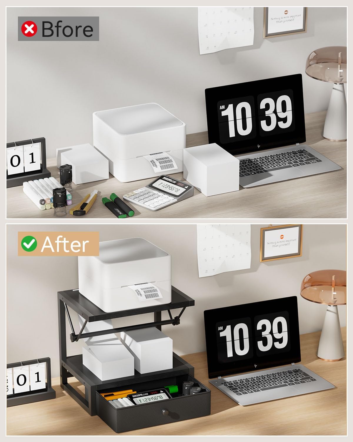 IBUYKE Label Holder for Rolls and Fan-Fold Labels,Wooden Thermal Shipping Label Stand With Drawer Desktop Printer Holder for Home, Office, Small Business,Black TPS003B