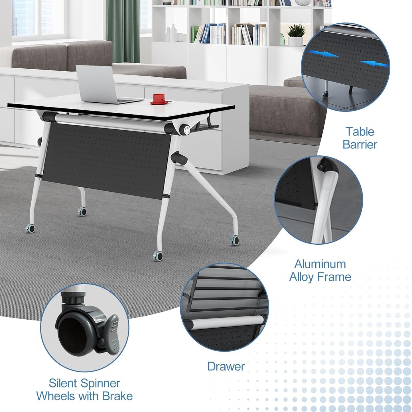 Conference Table, Folding Conference Room Tables, Mobile Training Tables with Silent Wheels, Large Rectangular Modular Seminar Table Office Computer Desks for Classroom White (6Pack L47.2in)