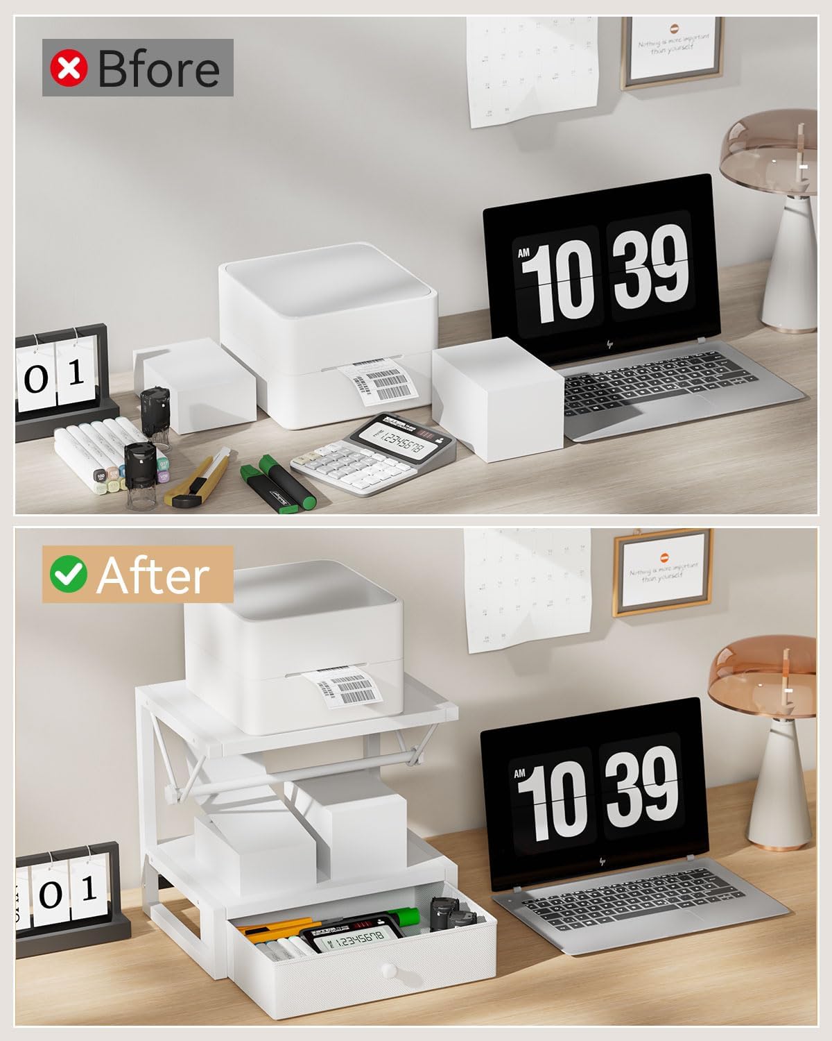 IBUYKE Label Holder for Rolls and Fan-Fold Labels,Wooden Thermal Shipping Label Stand With Drawer Desktop Printer Holder for Home, Office, Small Business,White TPS003W