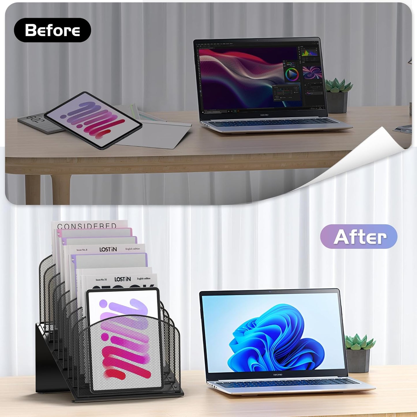 Inclined Desk File Organizer Metal Desk Magazine Folder Holder with 8-Section Vertical Compartments Rack File Organizer for Office, Home, School, Black