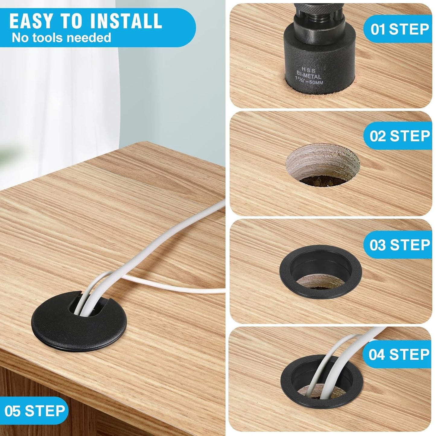 1-3/8" Black Desk Grommet with Bi-Metal Hole Saw, JTemgle Plastic Cable Hole Cover Computer Table Cord Wire Organizer Caps, Desktop Cord Management for Home Office TV Stands Tabletops, 13 Pieces