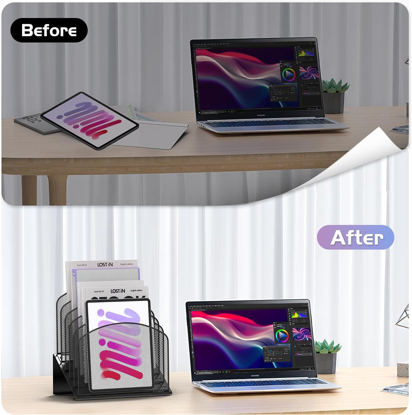 Inclined Desk File Organizer Metal Desk Magazine Folder Holder with 5-Section Vertical Compartments Rack File Organizer for Office, Home, School, Black