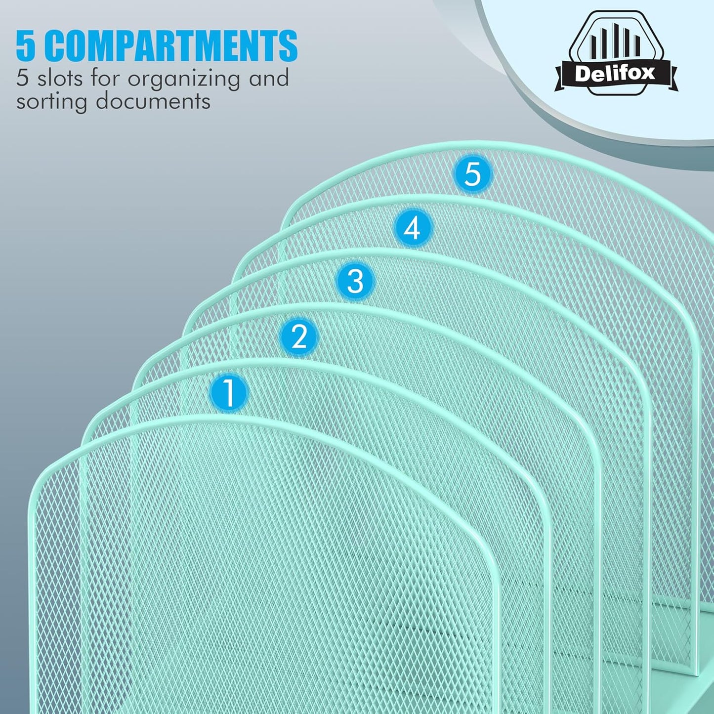 Inclined Desk File Organizer, 5-Section Vertical File Folder Holder Stand Metal Rack File Sorter for Office Classroom Desktop Organization