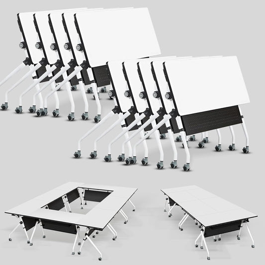 Conference Table, Folding Conference Room Tables, Mobile Training Tables with Silent Wheels, Large Rectangular Modular Seminar Table Office Computer Desks for Classroom White (10Pack L55.1in)