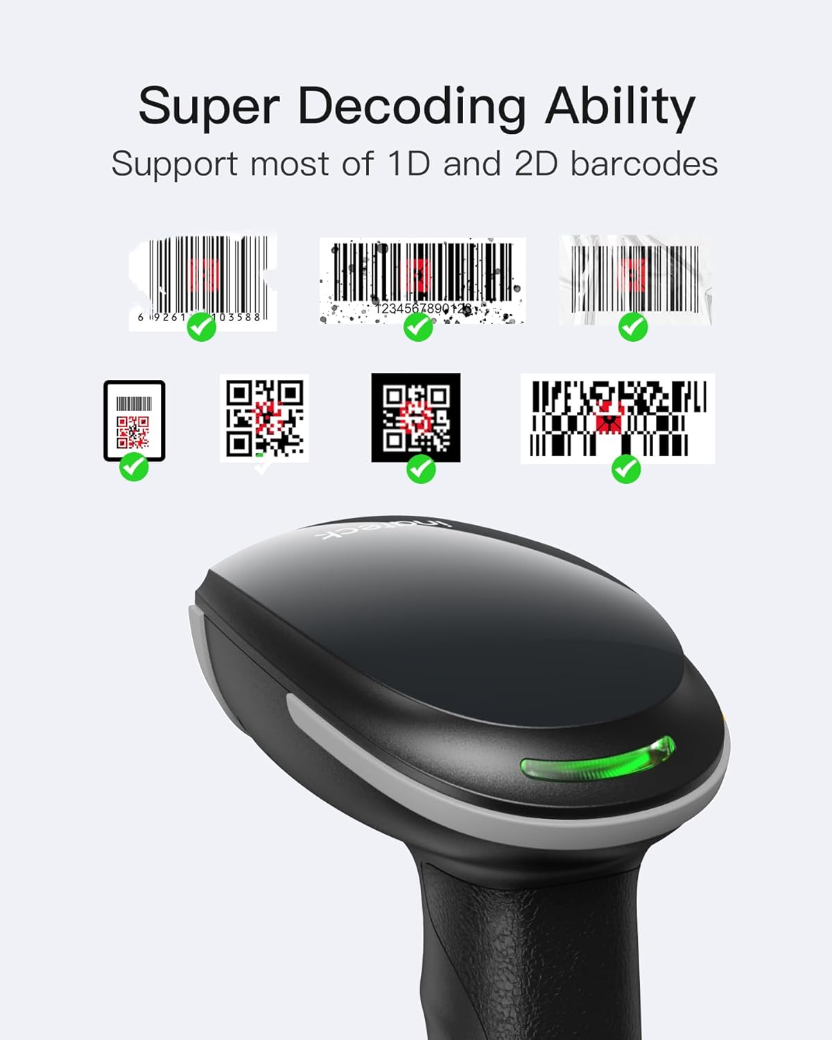 Inateck 2D Barcode Scanner with Intelligent Stand, Wireless QR Code Scanner, Handheld Scanner with APP and SDK, 2D Imager with 2600mAh Battery, BCST-35 Gray