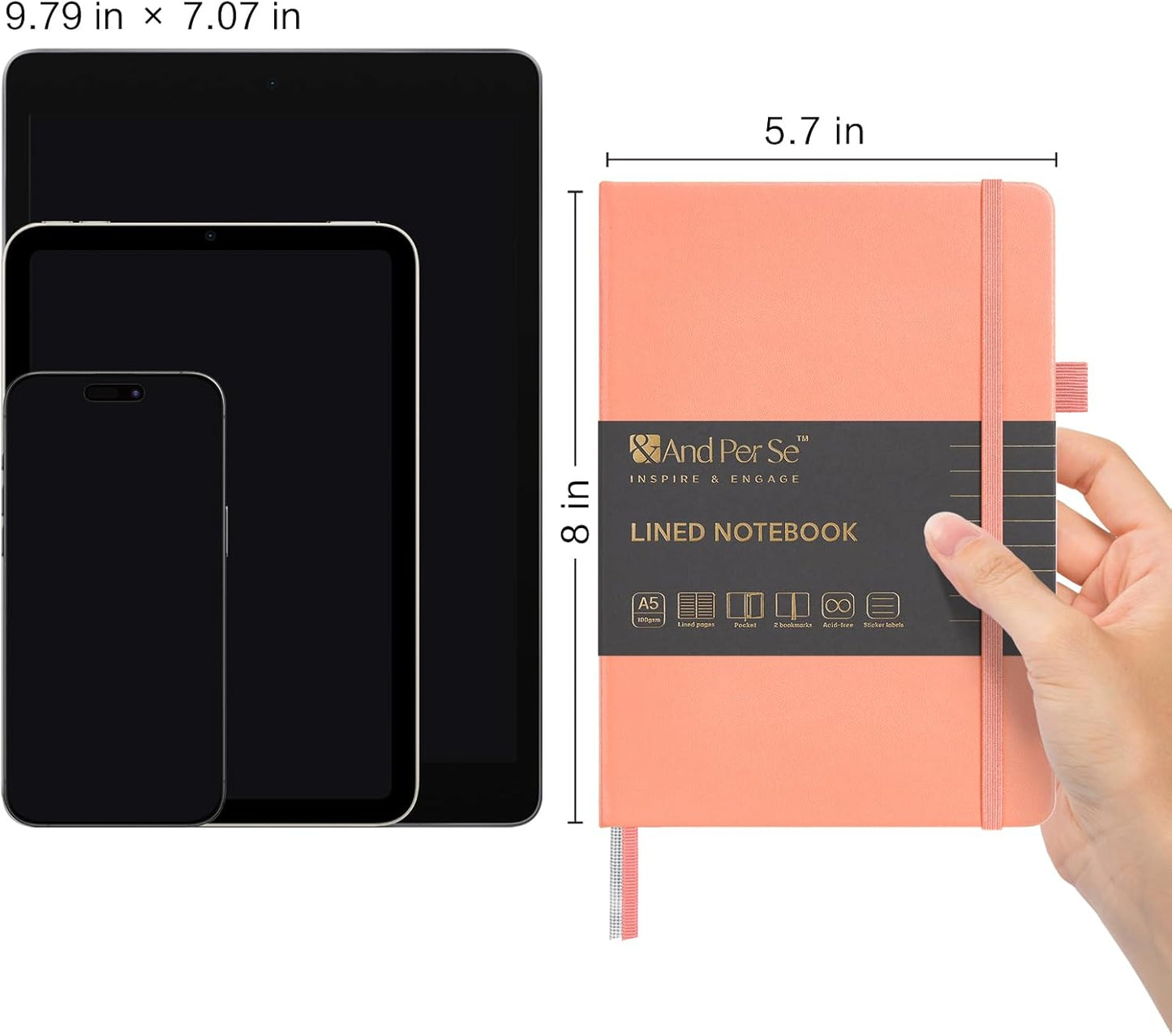 &And Per Se Lined Journal Notebook, 160 Pages, A5 5.7 x 8 inches College Ruled Thick Paper Notebook Journals for Writing, Hardcover Notebooks for Women Men Office School (1 Pack, Peach)