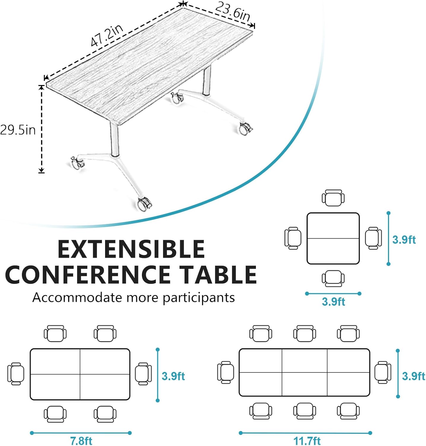 Conference Room Table, Folding Conference Tables,Thicken Grey Tabletop,Flip Top Wooden Seminar Meeting Room Table for Conference Room Offices (6, Black, 47.2“)