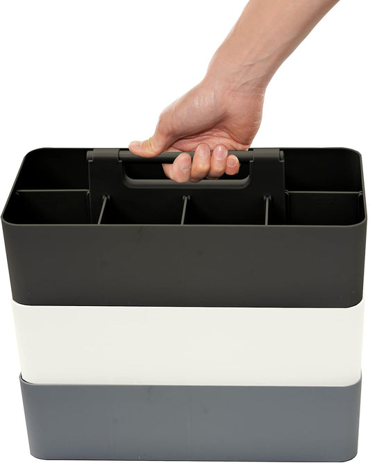 -Large Portable Caddy, DIY Dividers, 8 Compartments, School Office Supplies Business Organizer,Portable Basket with Handle Made in USA (3 PACK, Black/Gray/Ivory)