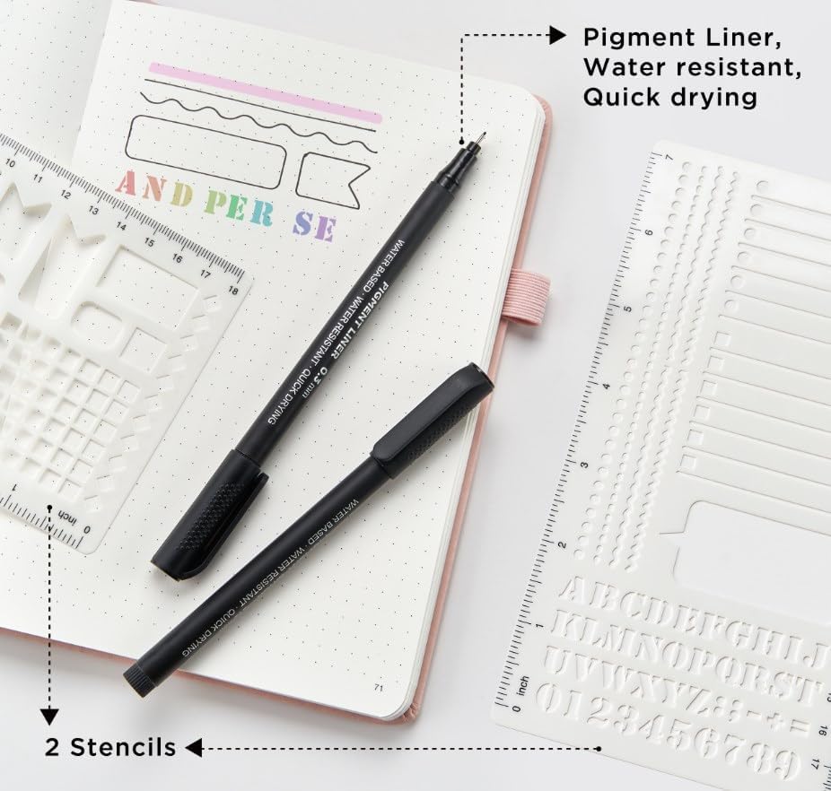 &And Per Se Bullet Dotted Journal Notebook, A5 Leather Hardcover, 176 Numbered Pages 100GSM Thick Dotted Paper, 2 Sheets of Stencils Included - 5.7'' x 8'' (Black)