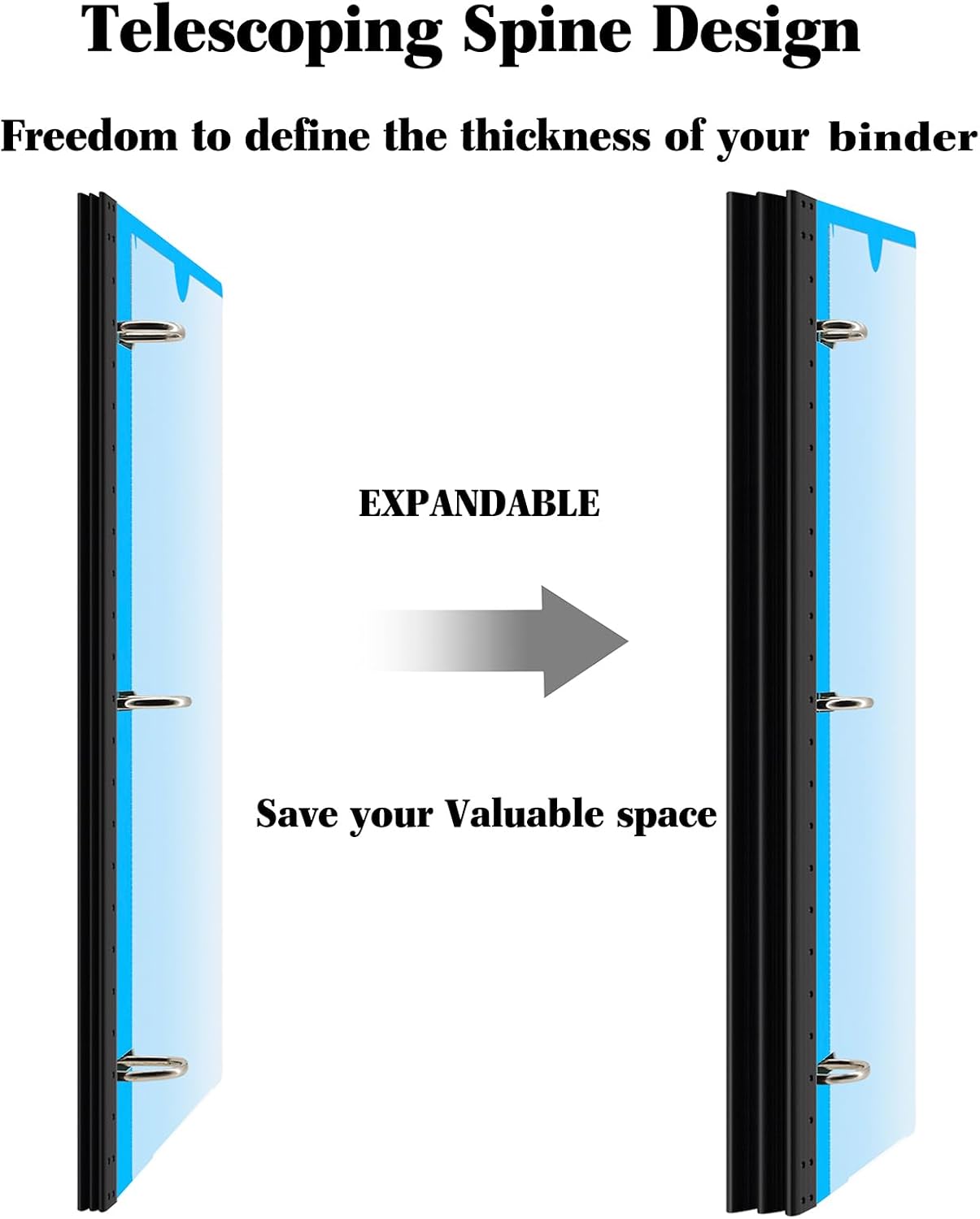 INFUN 1 Inch Telescoping 3 Ring Binder - 1PCS,Flexible Round Binder with Customizable Front Cover and Clear Catalog Pocket, 1 Inch Rings, 225 Sheet Capacity-Blue