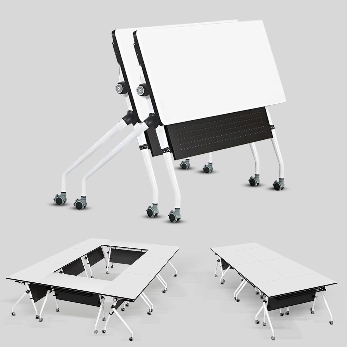 Conference Table, Folding Conference Room Tables, Mobile Training Tables with Silent Wheels, Large Rectangular Modular Seminar Table Office Computer Desks for Classroom White (2Pack L55.1in)