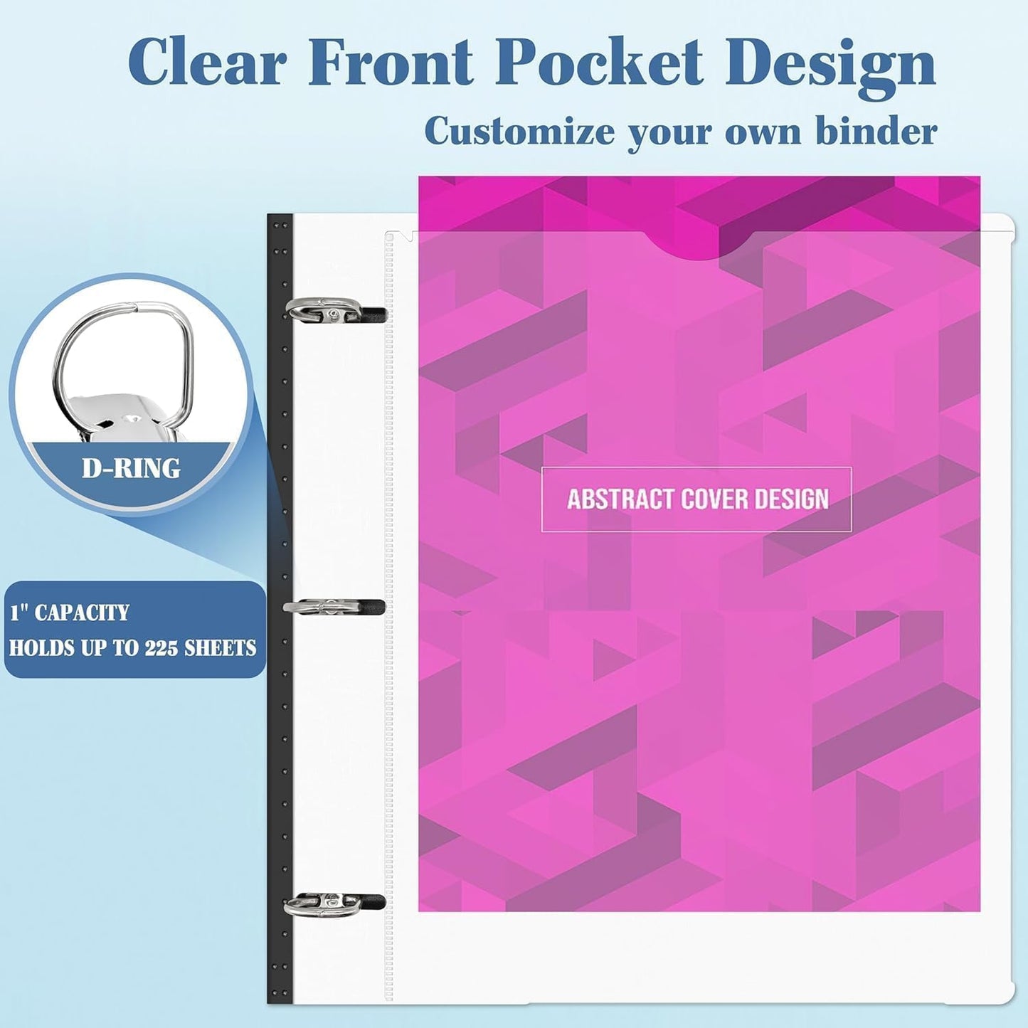 INFUN 1 Inch Telescoping 3 Ring Binder Black+White - 4 PCS， Flexible Binders with Customizable Front Cover and Clear Catalog Pocket,1 inch Binders 3 Ring, 225 Sheet Capacity