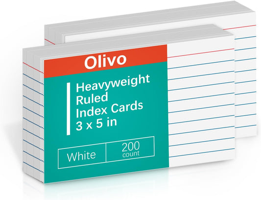 Index Cards 3x5 Lined Ruled Flash Note Cards 3" x 5", White, 200 Count, 200 GSM Heavy Weight