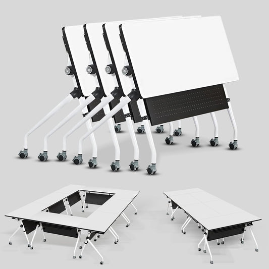 Conference Table, Folding Conference Room Tables, Mobile Training Tables with Silent Wheels, Large Rectangular Modular Seminar Table Office Computer Desks for Classroom White (4Pack L70.9in)