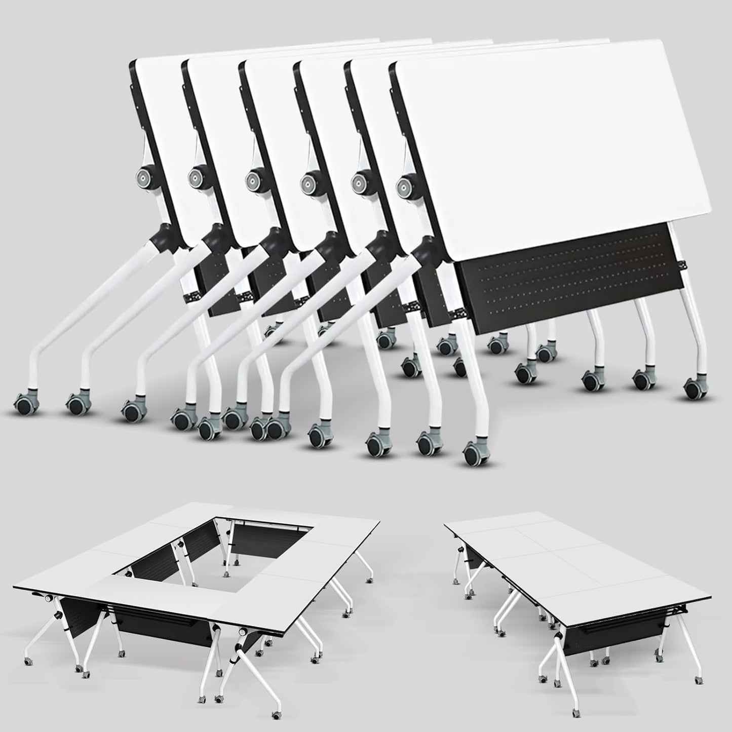 Conference Table, Folding Conference Room Tables, Mobile Training Tables with Silent Wheels, Large Rectangular Modular Seminar Table Office Computer Desks for Classroom White (6Pack L55.1in)
