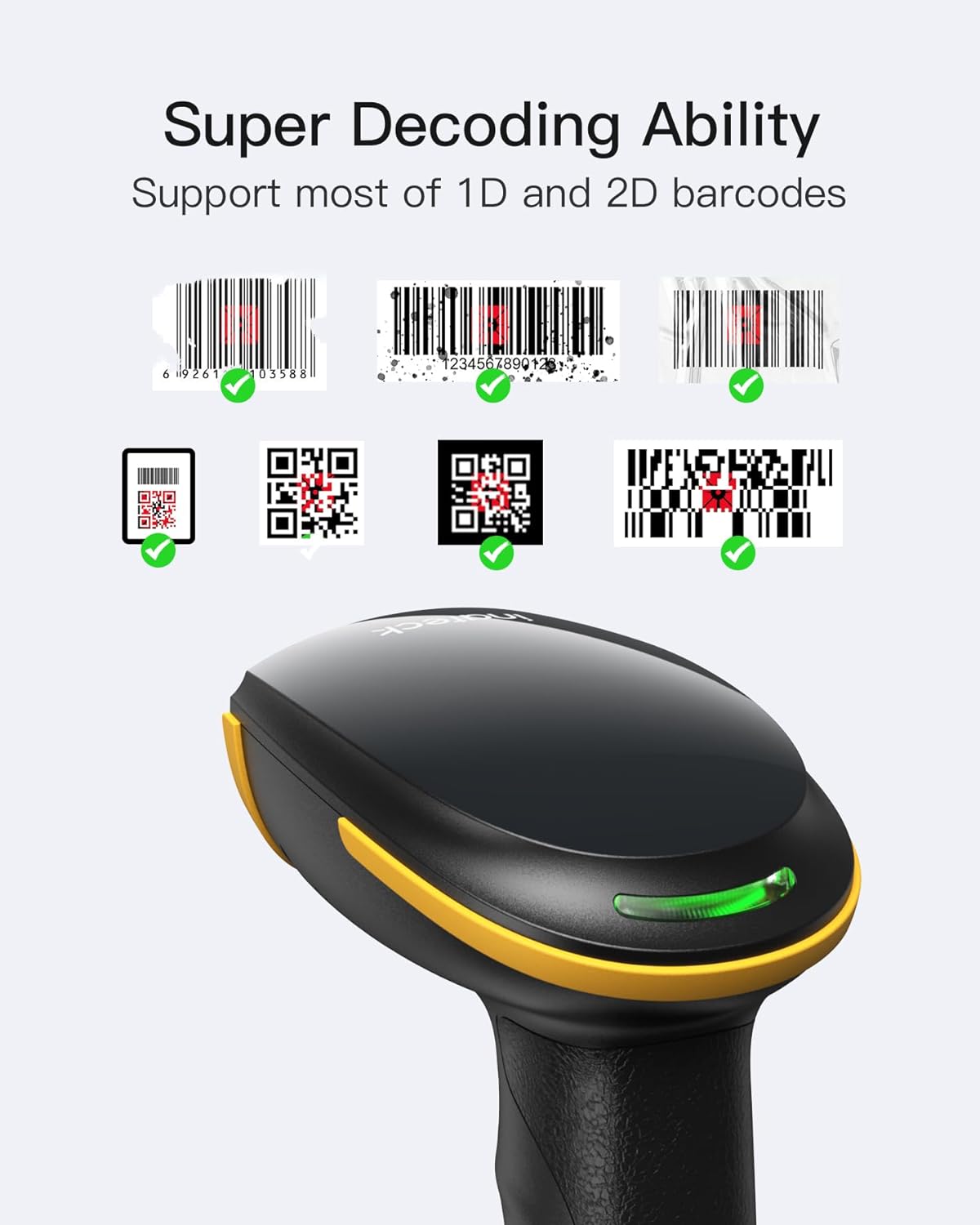 Inateck 2D Barcode Scanner, Wireless Bluetooth QR Barcode Scanner, Handheld Scanner with APP and SDK, 1 Charge for 3 Months, BCST-23