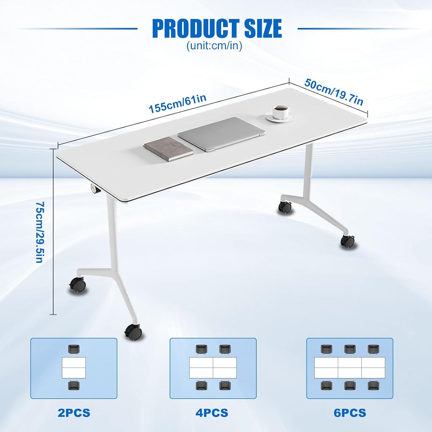 Conference Table, Folding Conference Desk Modern White, Seminar Table with Wheels, 2-10 People for Office, Meeting Break Room(4, 1915, 61IN)