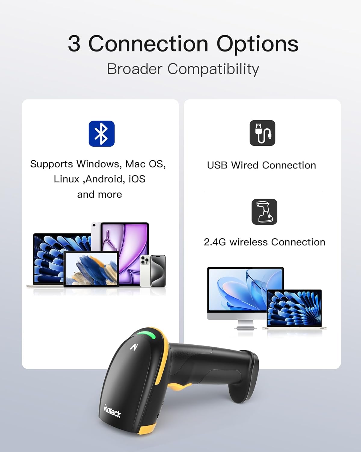 Inateck Bluetooth Barcode Scanner 2D, Wireless 2D QR Code Scanner with 2600 mAh Battery and Smart Charging Base, Handheld Scanner Support AI, APP, SDK, BCST-36