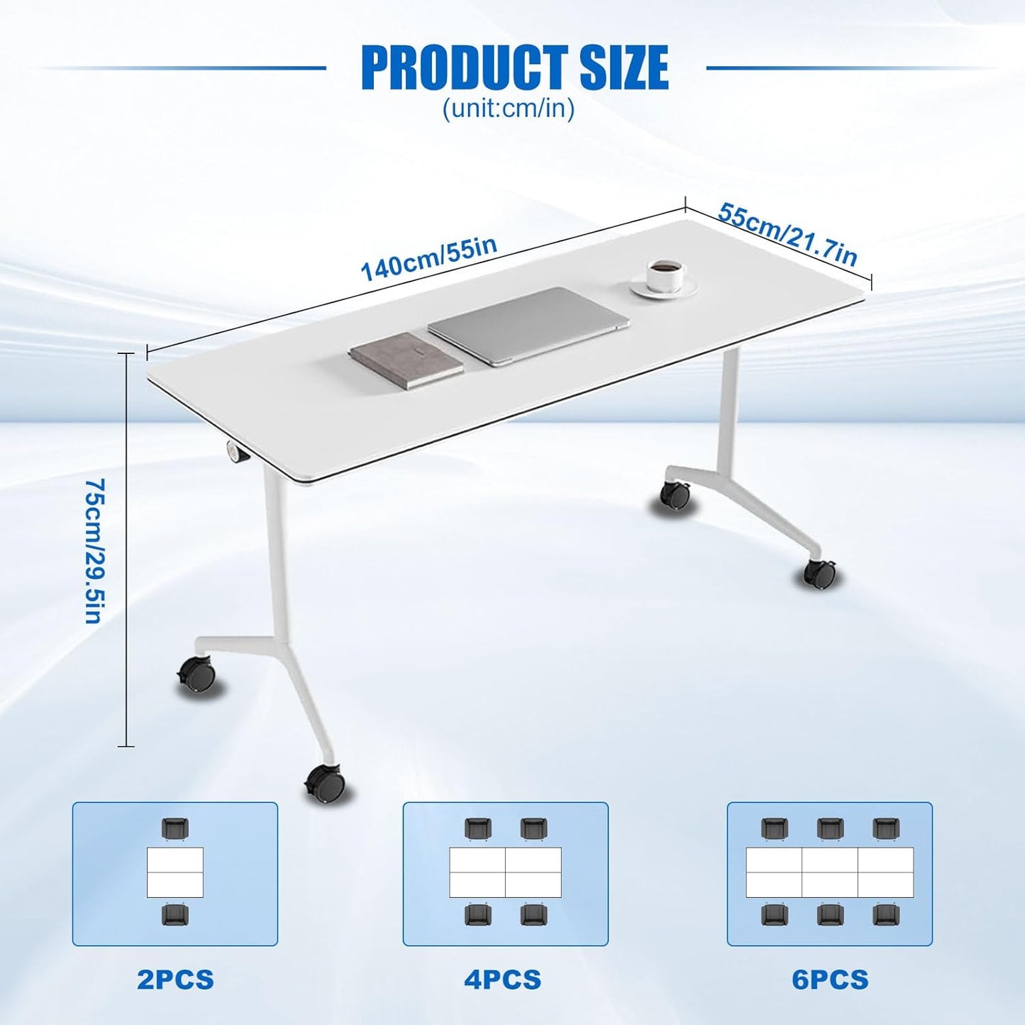 Conference Table, Folding Conference Desk Modern White, Seminar Table with Wheels, 2-10 People for Office, Meeting Break Room (4, 1915, 55IN)