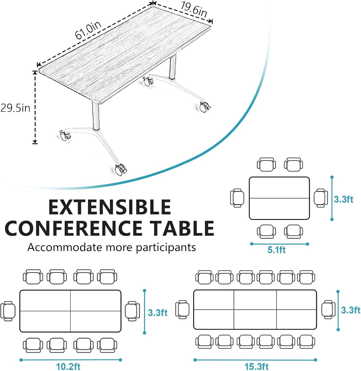 Conference Room Table, Folding Conference Tables,Thicken Grey Tabletop,Flip Top Wooden Seminar Meeting Room Table for Conference Room Offices (10, White, 61.0“)
