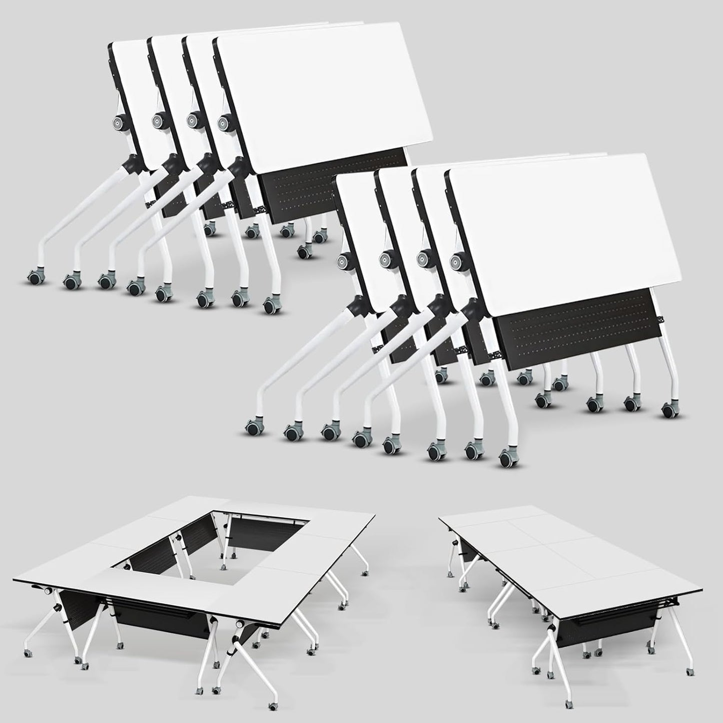 Conference Table, Folding Conference Room Tables, Mobile Training Tables with Silent Wheels, Large Rectangular Modular Seminar Table Office Computer Desks for Classroom White (8Pack L55.1in)