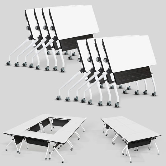 Conference Table, Folding Conference Room Tables, Mobile Training Tables with Silent Wheels, Large Rectangular Modular Seminar Table Office Computer Desks for Classroom White (8Pack L47.2in)