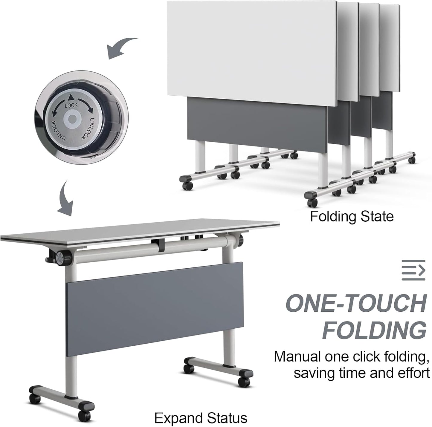 Folding Conference Table, Modern Large Conference Room Tables with Flip-Top Design, Foldable Conference Table Meeting Table with Wheels, Mobile Seminar Training Tables for Office Classroom (2, Gray)