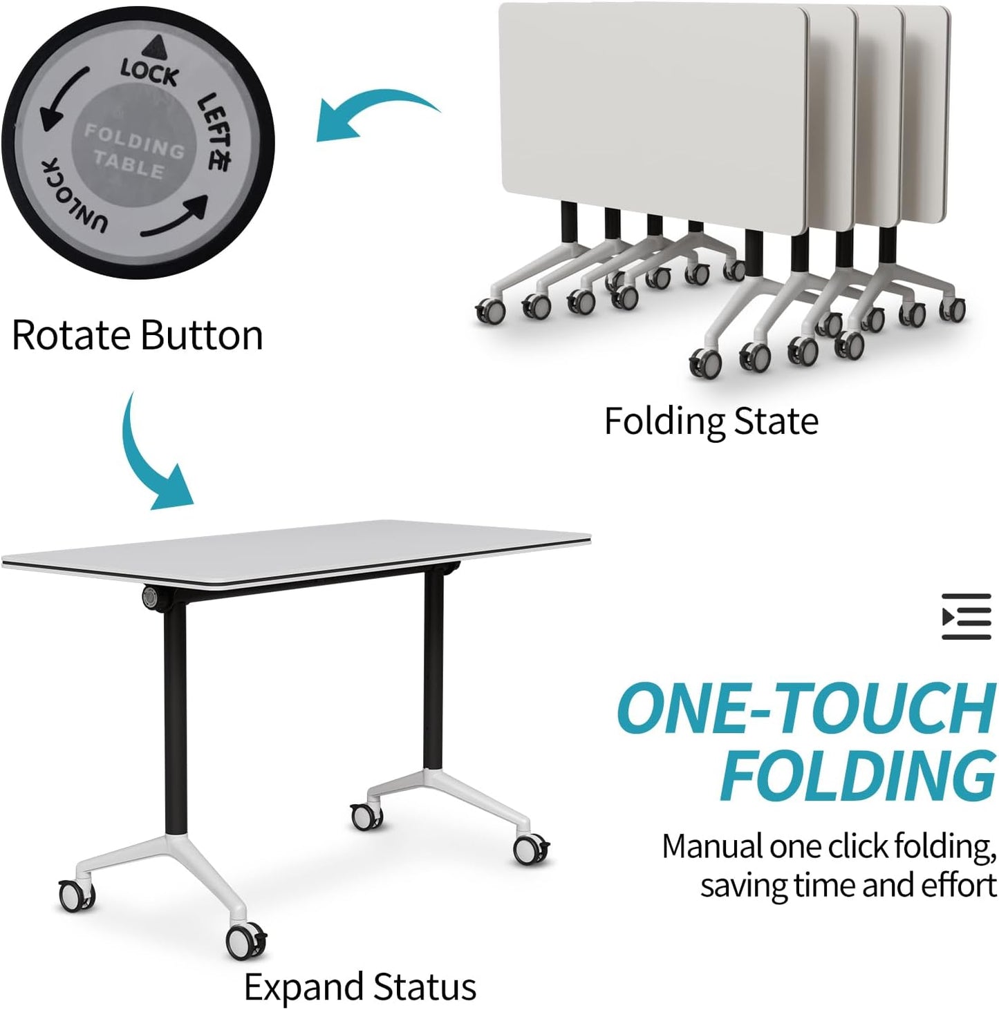 Folding Conference Table, Modern Conference Room Tables with Flip-Top Design, Foldable Conference Table Meeting Table with Wheels, Mobile Seminar Training Tables for Office Classroom (8, White 2)