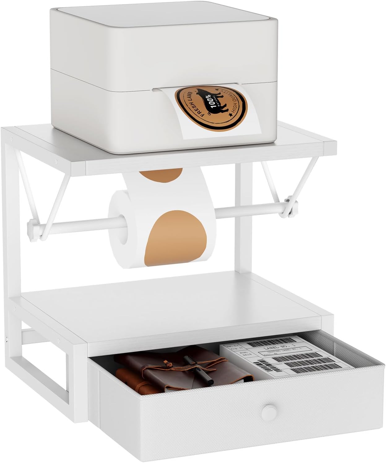 IBUYKE Label Holder for Rolls and Fan-Fold Labels,Wooden Thermal Shipping Label Stand With Drawer Desktop Printer Holder for Home, Office, Small Business,White TPS003W
