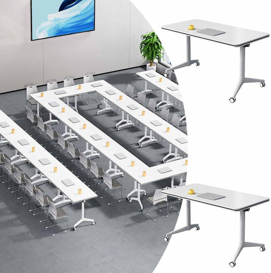 Folding Conference Room Table, Modern Mobile Training Table with Wheels, White Foldable Seminar Meeting Tables for Office Corporations (2pack 47.2in)