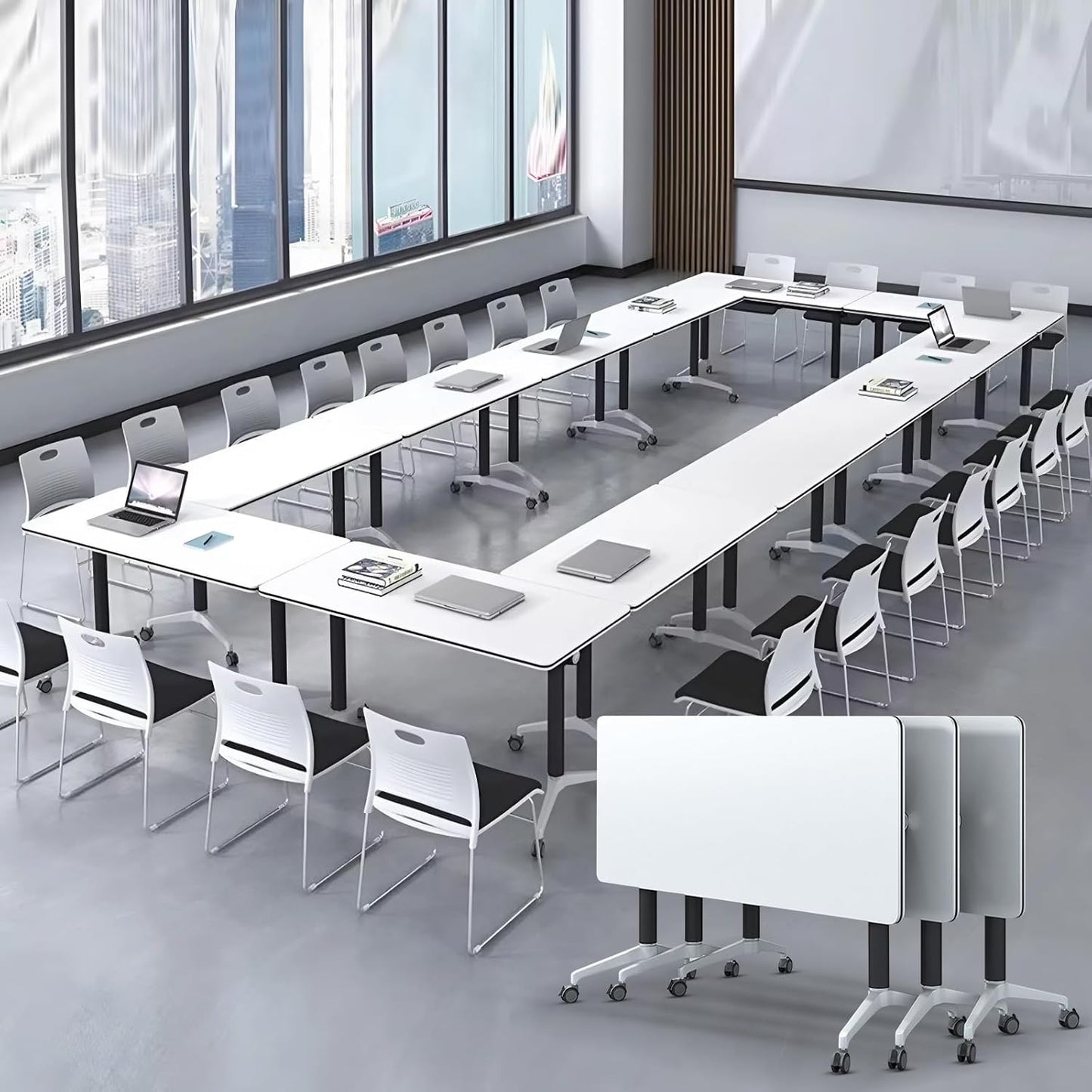 Conference Room Table with Flip-Top Design for Dynamic Meetings, Business Table Computer Desk with Heavy-Duty Frame,Foldable Seminar Meeting Tables for Home Office (4, E, 61IN)