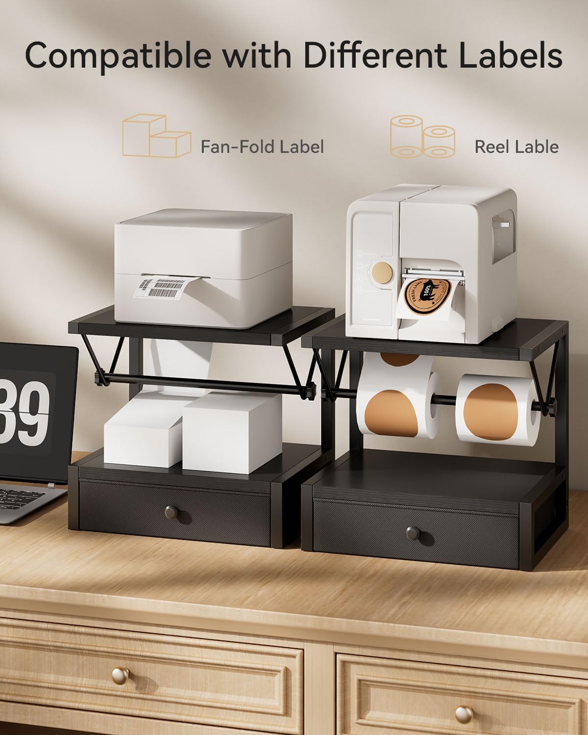 IBUYKE Label Holder for Rolls and Fan-Fold Labels,Wooden Thermal Shipping Label Stand With Drawer Desktop Printer Holder for Home, Office, Small Business,Black TPS003B