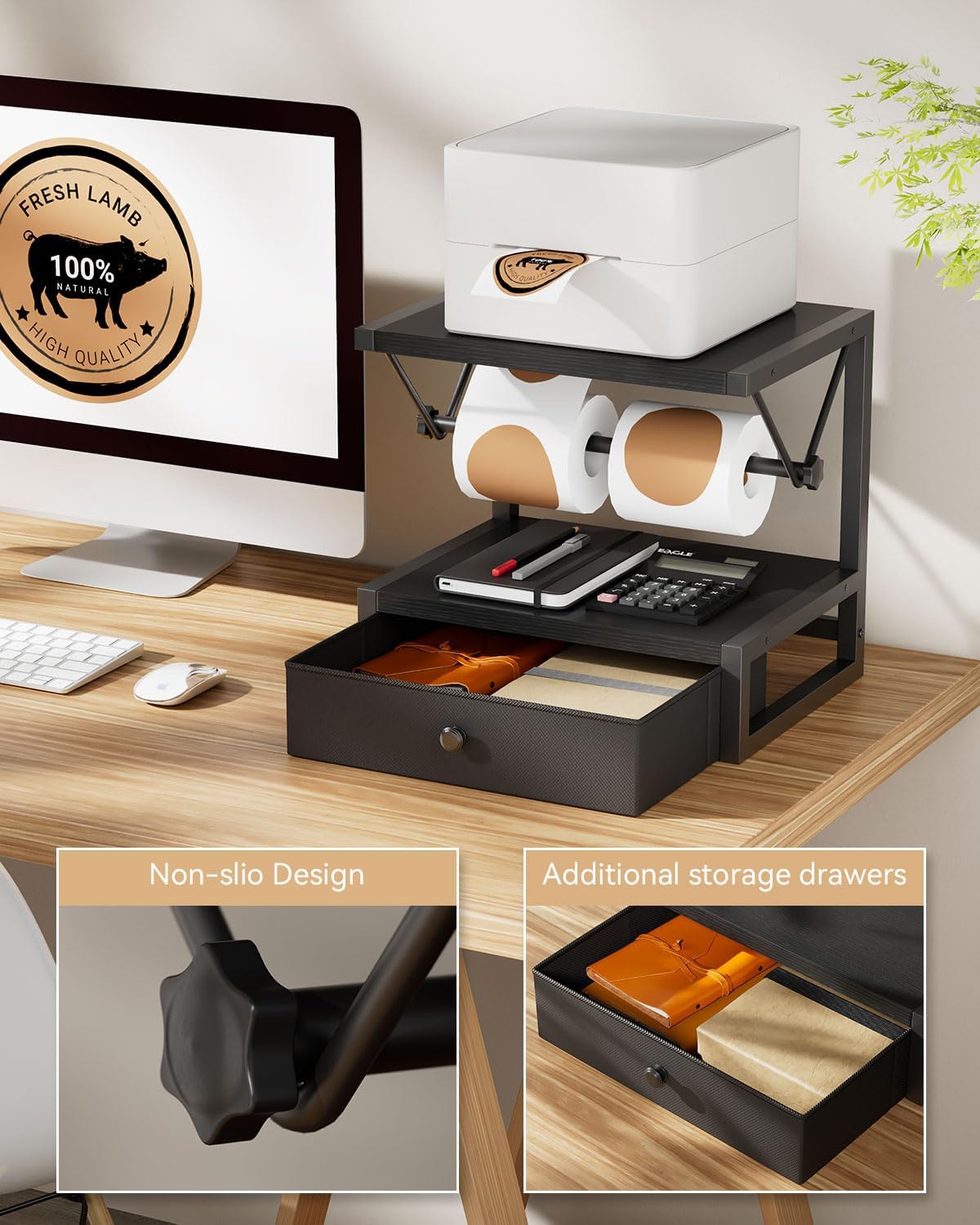 IBUYKE Label Holder for Rolls and Fan-Fold Labels,Wooden Thermal Shipping Label Stand With Drawer Desktop Printer Holder for Home, Office, Small Business,Black TPS003B