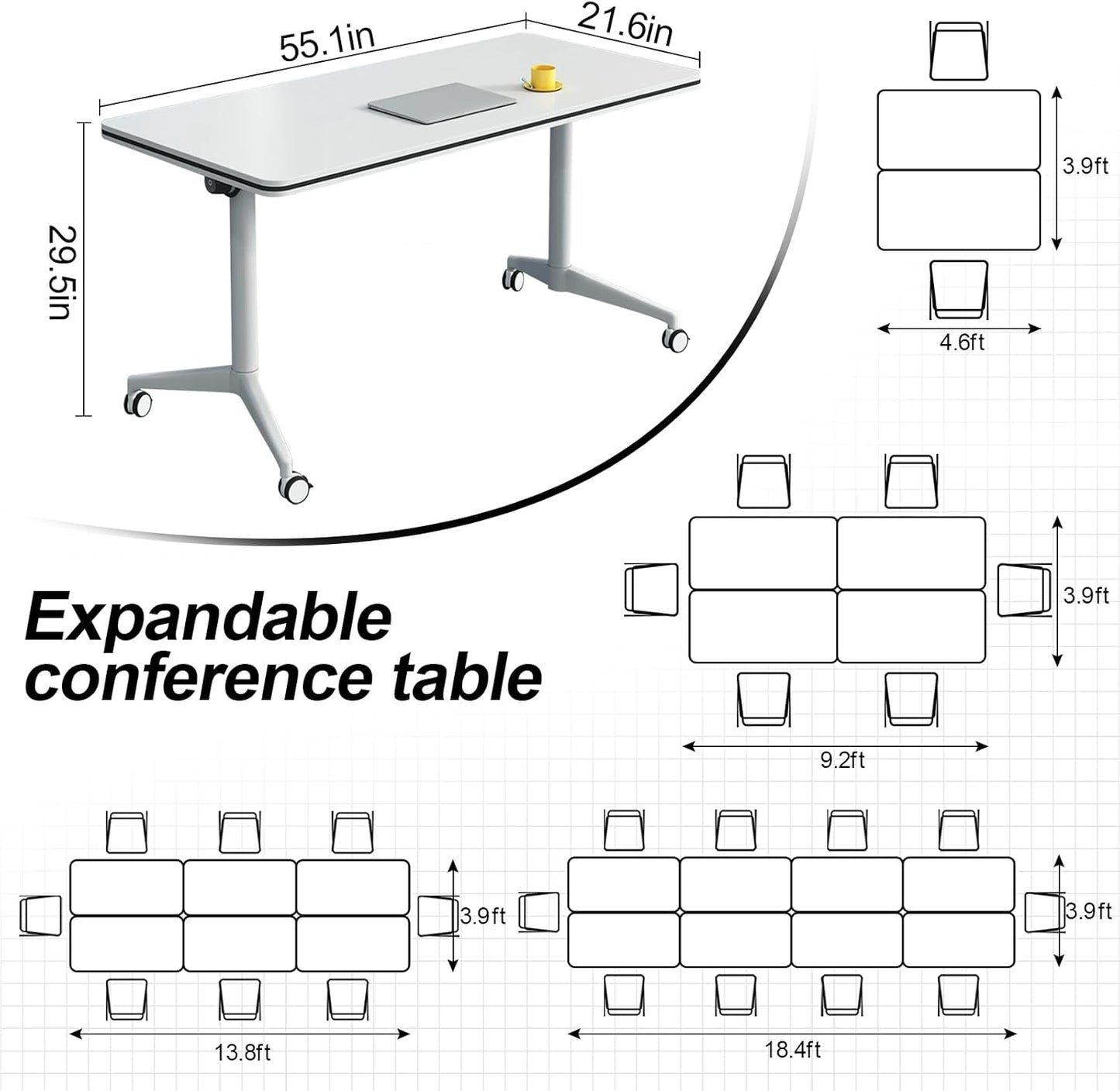 Folding Conference Table, Modern Large Conference Room Tables with Flip-Top Design, Foldable Conference Table Meeting Table with Wheels, Mobile Seminar Training Tables for Office Classroom (2, White)
