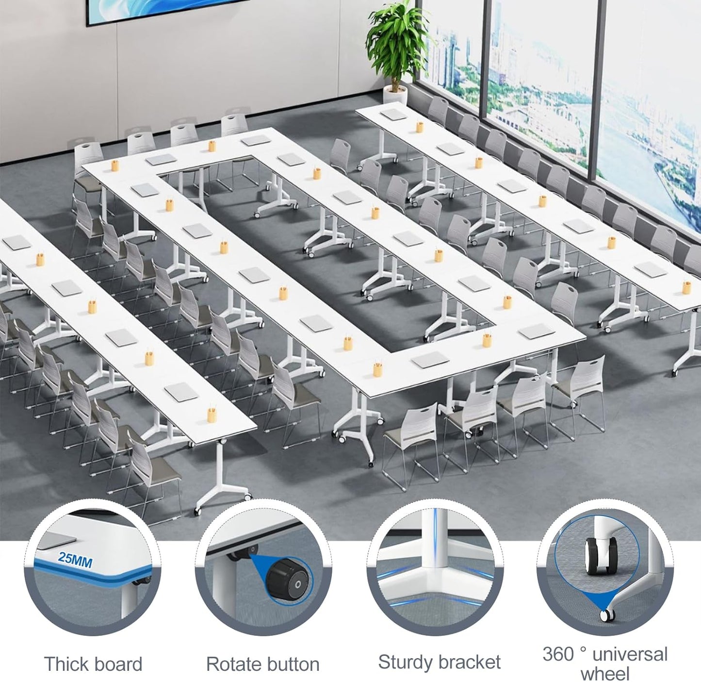 Folding Conference Room Table, Modern Mobile Training Table with Wheels, White Foldable Seminar Meeting Tables for Office Corporations (4pack 63in)