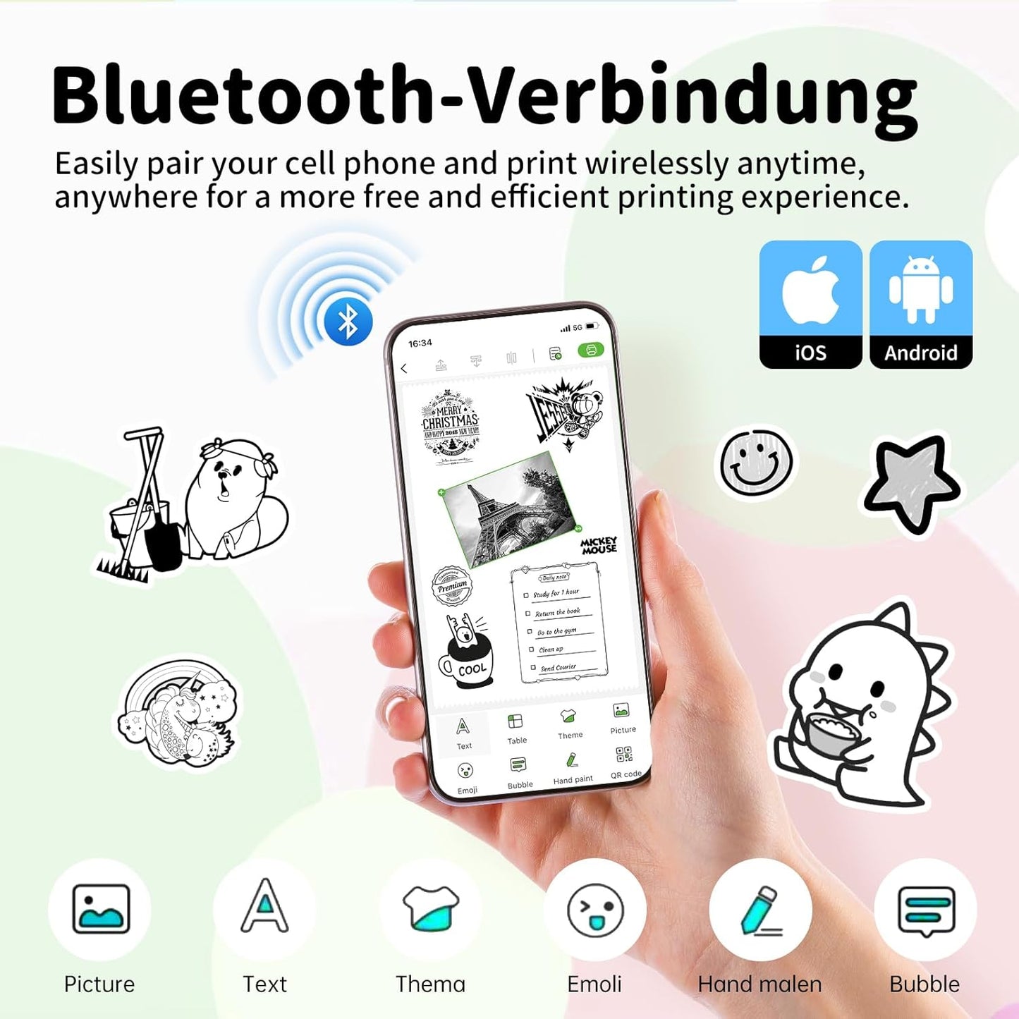 iDPRT Portable Mini Thermal Sticker Printer, Bluetooth Inkless Printers with 1 Roll Sticker Paper, Sticker Machine Efficiently and Quickly, for Notes, Journal, DIY, Kids Gift