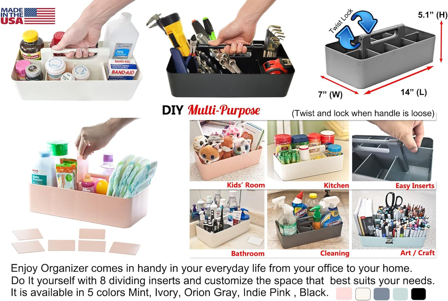 -Large Portable Caddy, DIY Dividers, 8 Compartments, Portable Basket with Handle Storage Organizer Modern Made in USA (4 PACK, Lavender)