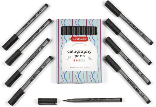 Incraftables Calligraphy Brush Pens – Pack of 9 Assorted Tips – Black Chisel Tip Markers for Hand Lettering, Writing, Sketching, Scrapbooking, & Art Projects – Beginner Kit for Kids & Adults