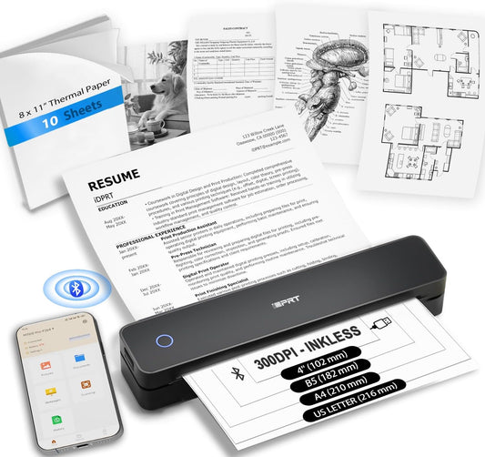 iDPRT Inkless Portable Printer for Travel, 300DPI Wireless Thermal Printer Support 8.5 x 11 Inch US Letter, A4, Small Bluetooth Printers Compatible with iOS, Android Laptop for Office Car Home, Black