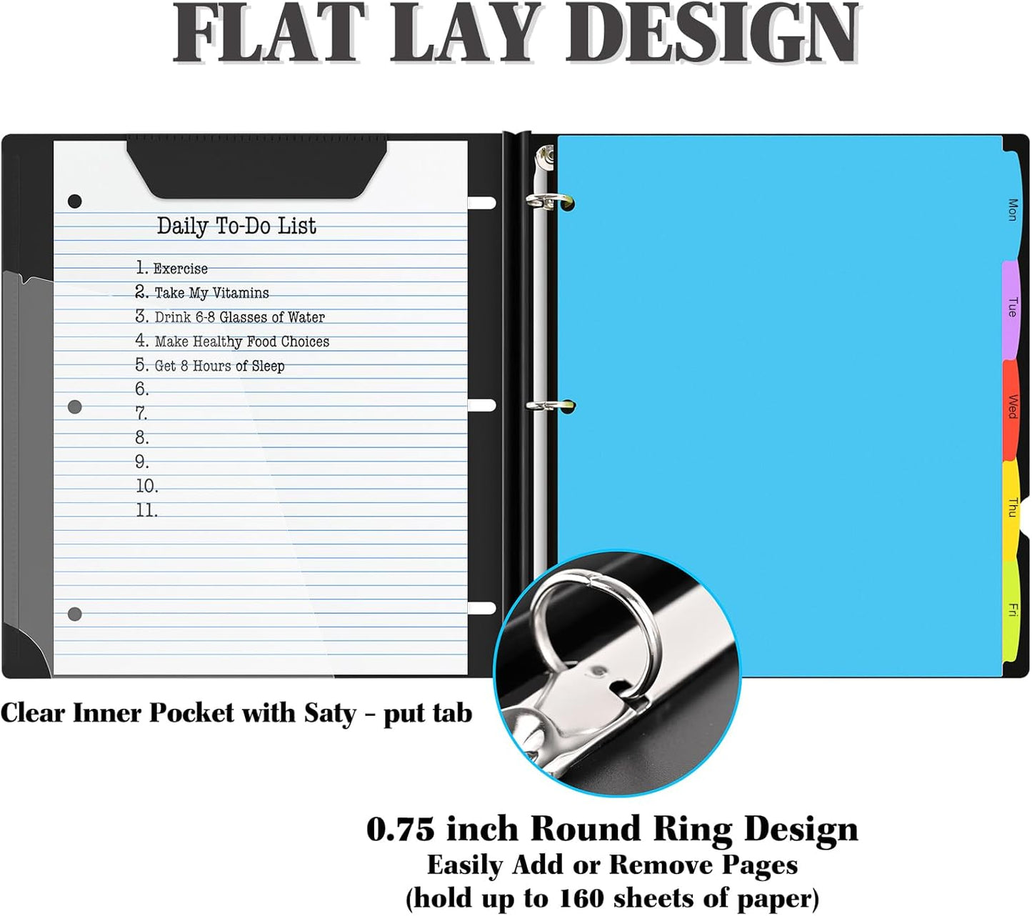 INFUN Telescoping 3 Ring Binder -4PCS-Black, Flexible Round Binder with Customizable Front Cover and Clear Catalog Pocket, 0.75 Inch Rings, Holds 160 Sheets 8.5x11 inch Paper