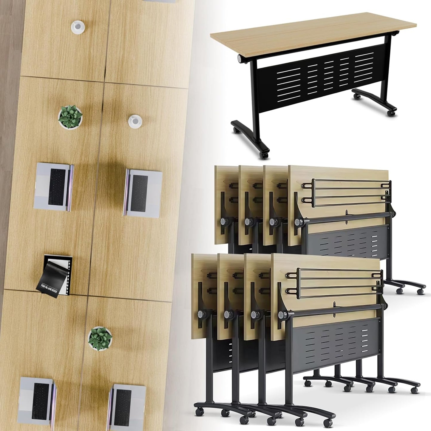 Folding Conference Room Table, Modern Conference Tables with Wheels, Large Rectangular Mobile Training Tables for Office Classroom, Foldable Modular Boardroom Seminar Table Maple (10pack L70.9in)