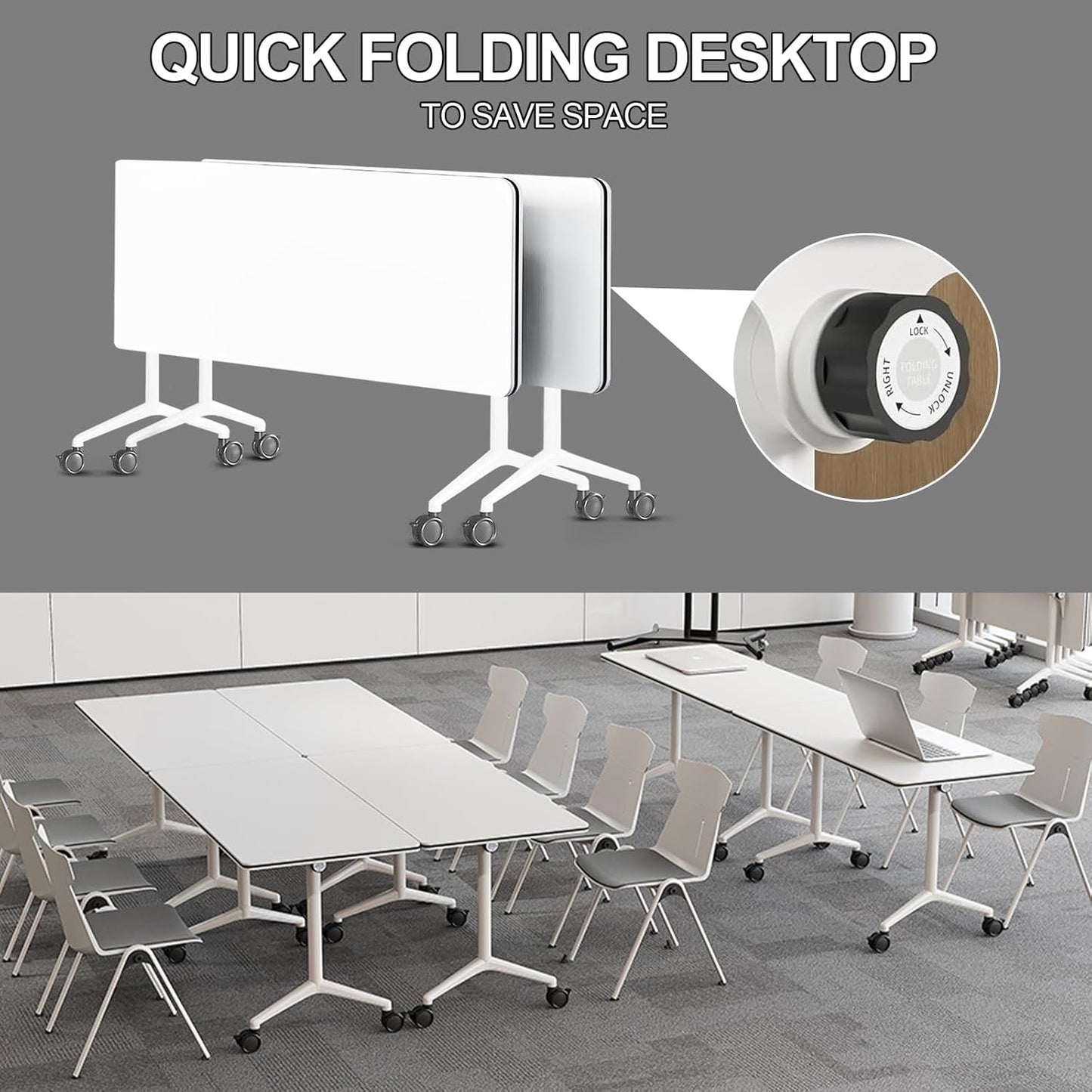 Folding Conference Room Tables 6 Pack, Foldable Modern Mobile Meeting Table Desk Training Table 6FT Large Rolling OfficeTable for Conference Training Classroom (4, 55" * 23.6" * 29.5")
