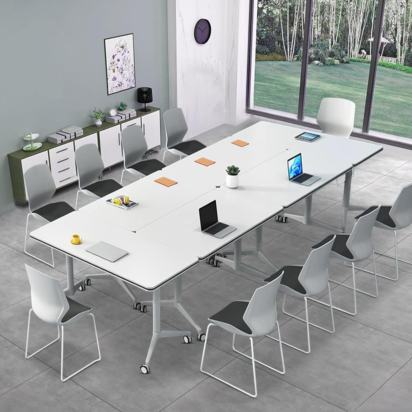 Folding Conference Table, Modern Large Conference Room Tables with Flip-Top Design, Foldable Conference Table Meeting Table with Wheels, Mobile Seminar Training Tables for Office Classroom (6, White)