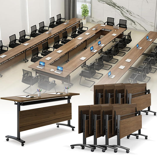 Folding Conference Room Table, Modern Conference Tables with Wheels, Large Rectangular Mobile Training Tables for Office Classroom, Foldable Modular Boardroom Seminar Table Walnut (8pack L55.1in)