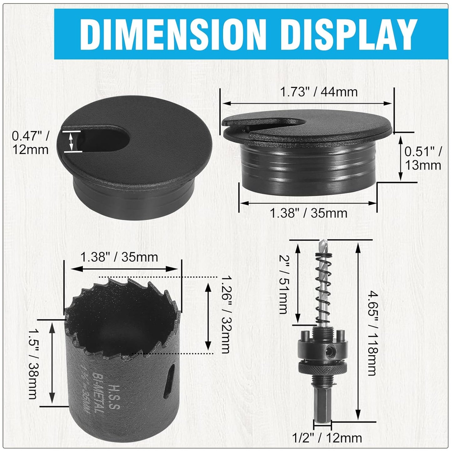 1-3/8" Black Desk Grommet with Bi-Metal Hole Saw, JTemgle Plastic Cable Hole Cover Computer Table Cord Wire Organizer Caps, Desktop Cord Management for Home Office TV Stands Tabletops, 7 Pieces