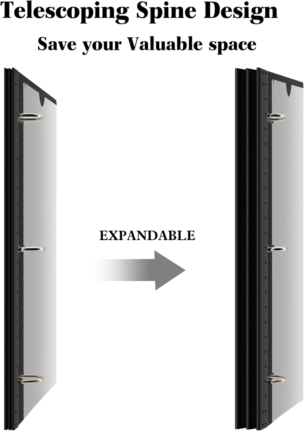 INFUN Telescoping 3 Ring Binder -4PCS-Black, Flexible Round Binder with Customizable Front Cover and Clear Catalog Pocket, 0.75 Inch Rings, Holds 160 Sheets 8.5x11 inch Paper