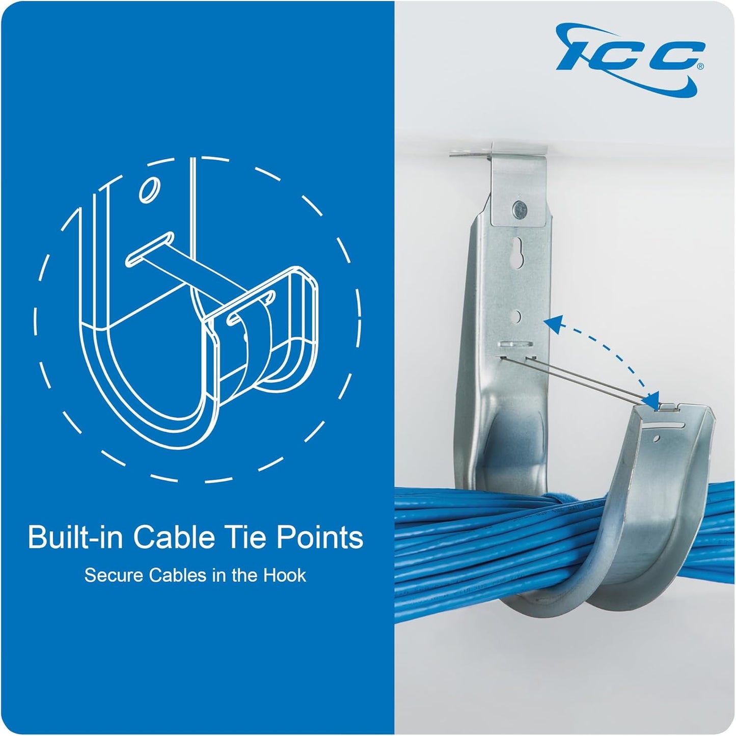 ICC Ceiling Mount J Hook 2” with Retainer Clip - Galvanized Steel Cable Management Hooks for Hanging Cable - Rust-Resistant, EIA and TIA Compliant - 2 Inch 25-Pack